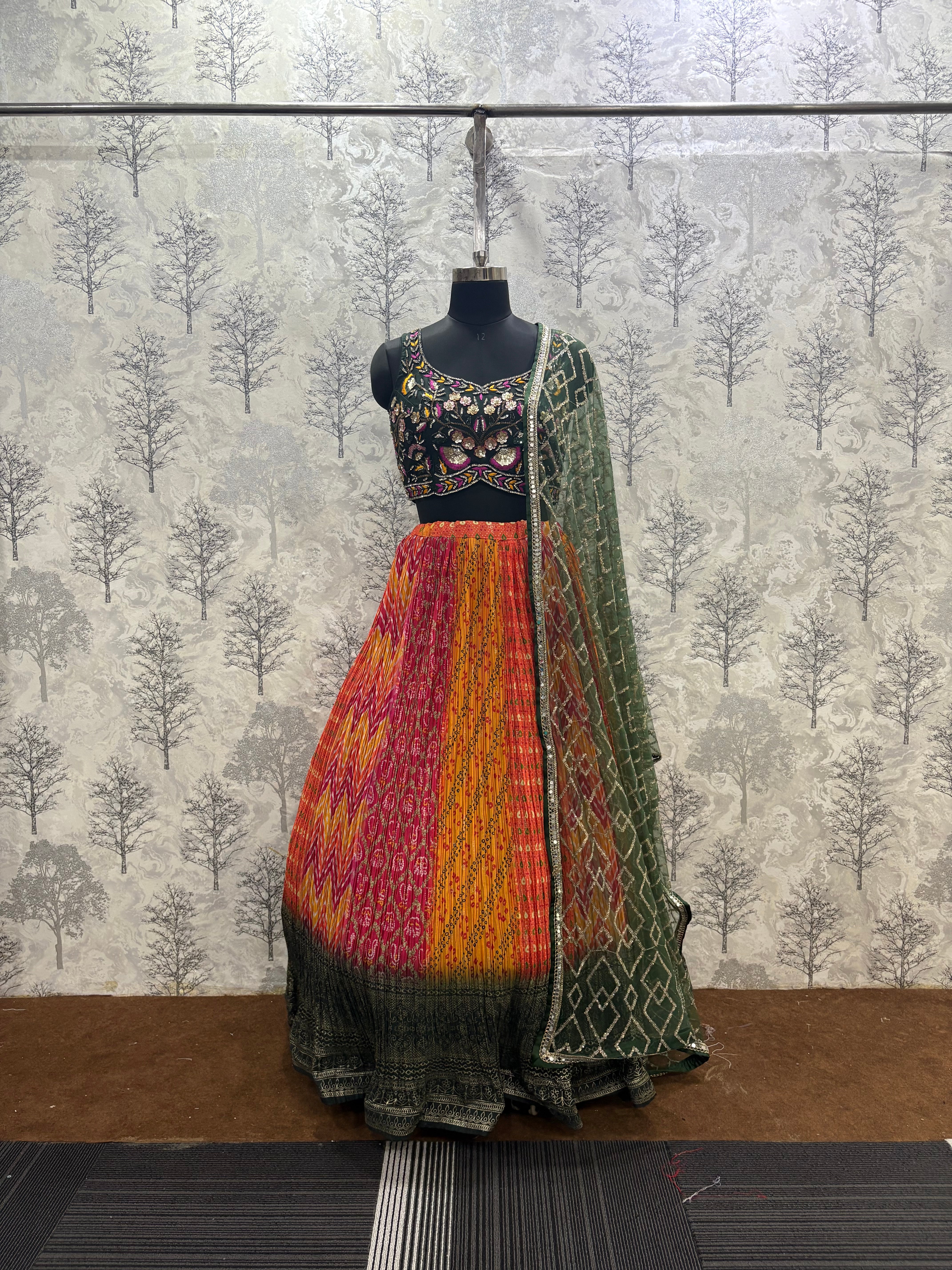 Crushed Chinnon Printed Lehenga Set with Hand Embroidered Blouse & Sequin Dupatta
