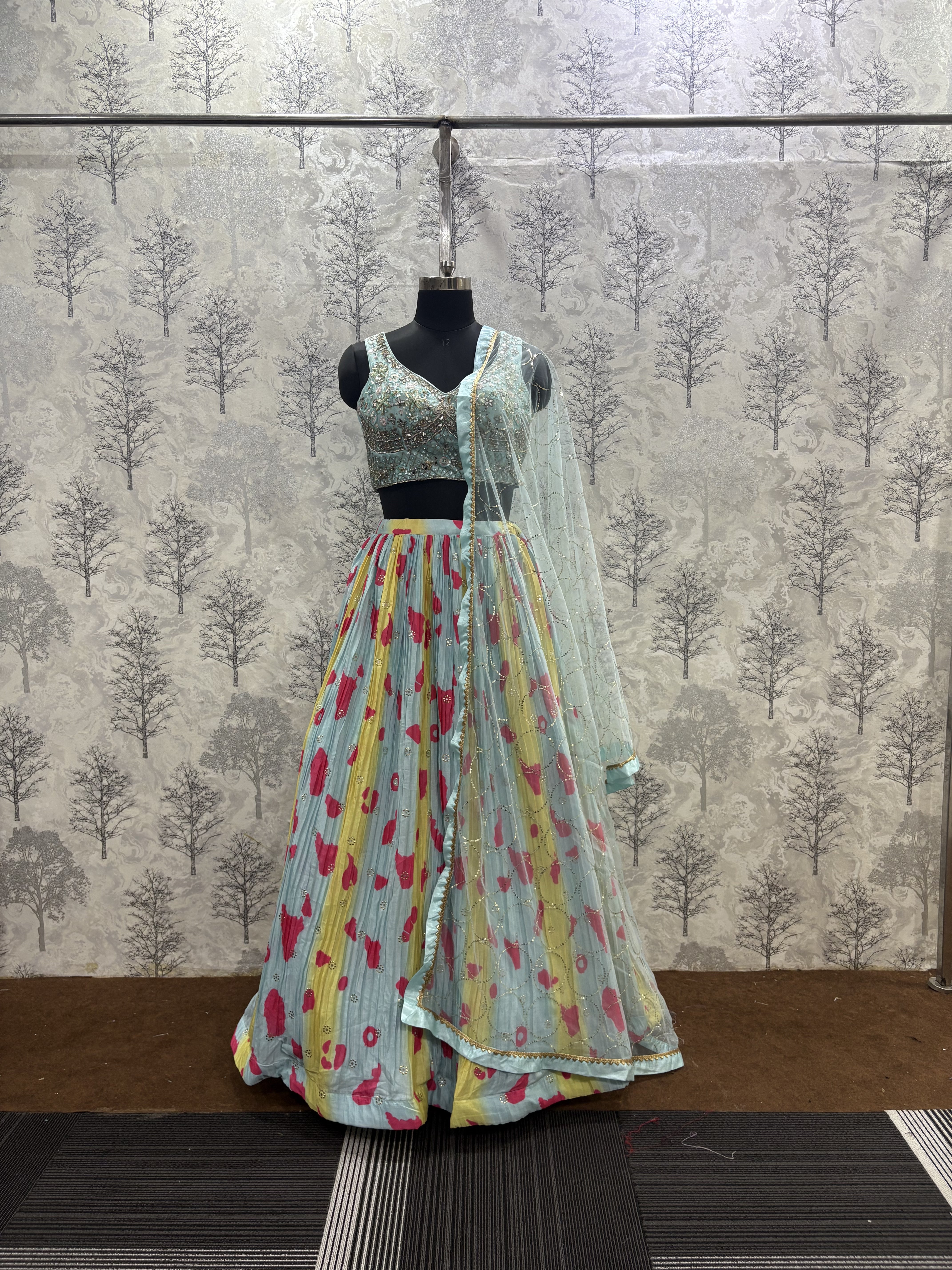 Crushed Chinnon Printed Lehenga Set with Hand Embroidered Blouse & Sequin Net Dupatta