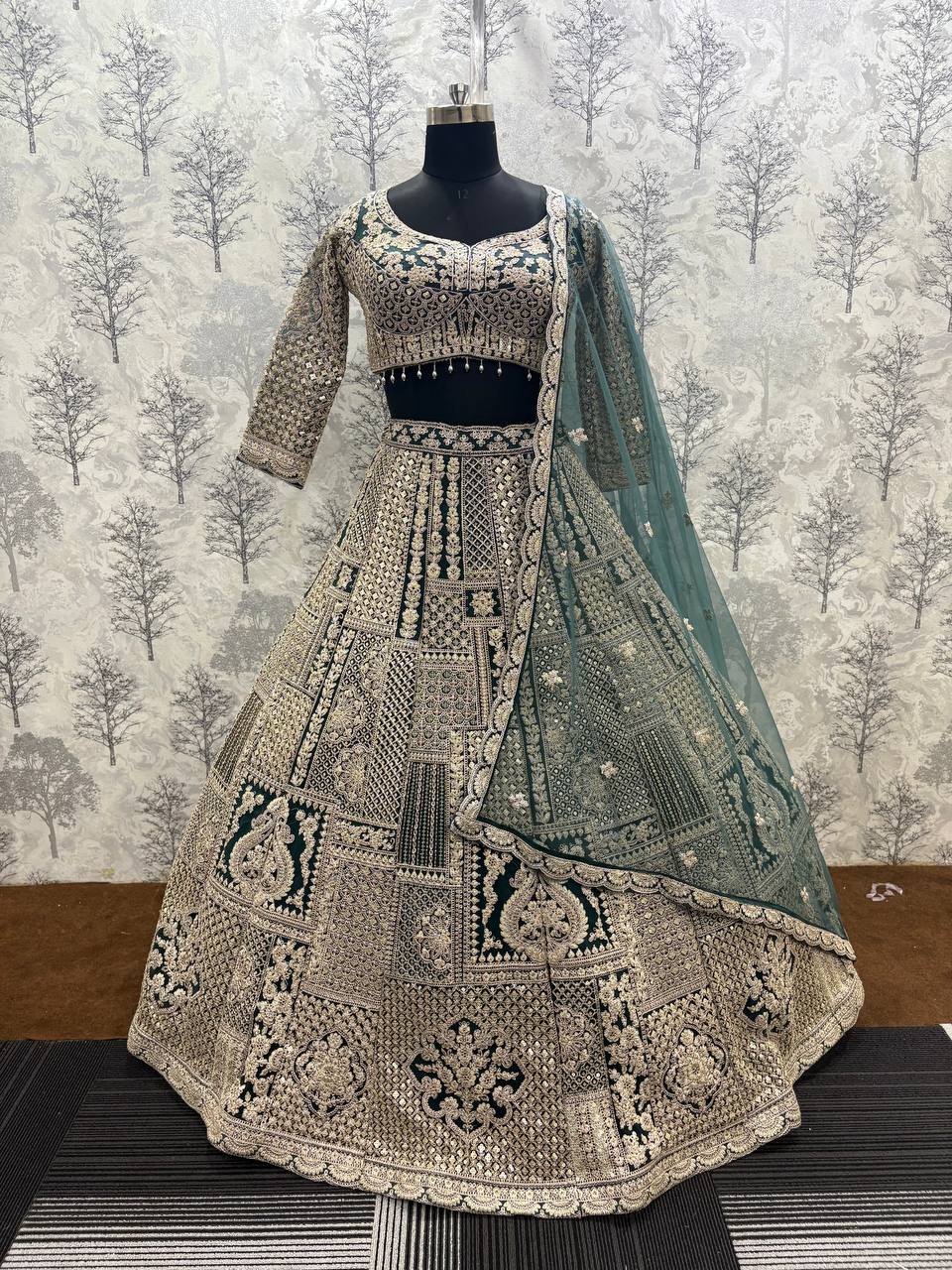 Dry Mehndi Green Butterfly Net Lehenga with Heavy Golden Zari Work – Vastram Couture