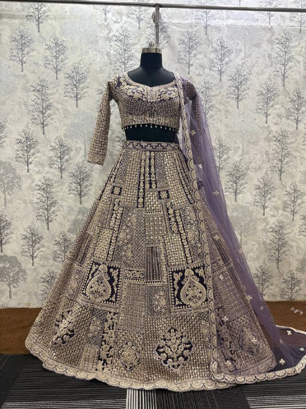 Lavender Butterfly Net Lehenga with Golden Thread &amp;amp; Sequin Embroidery – Vastram Couture