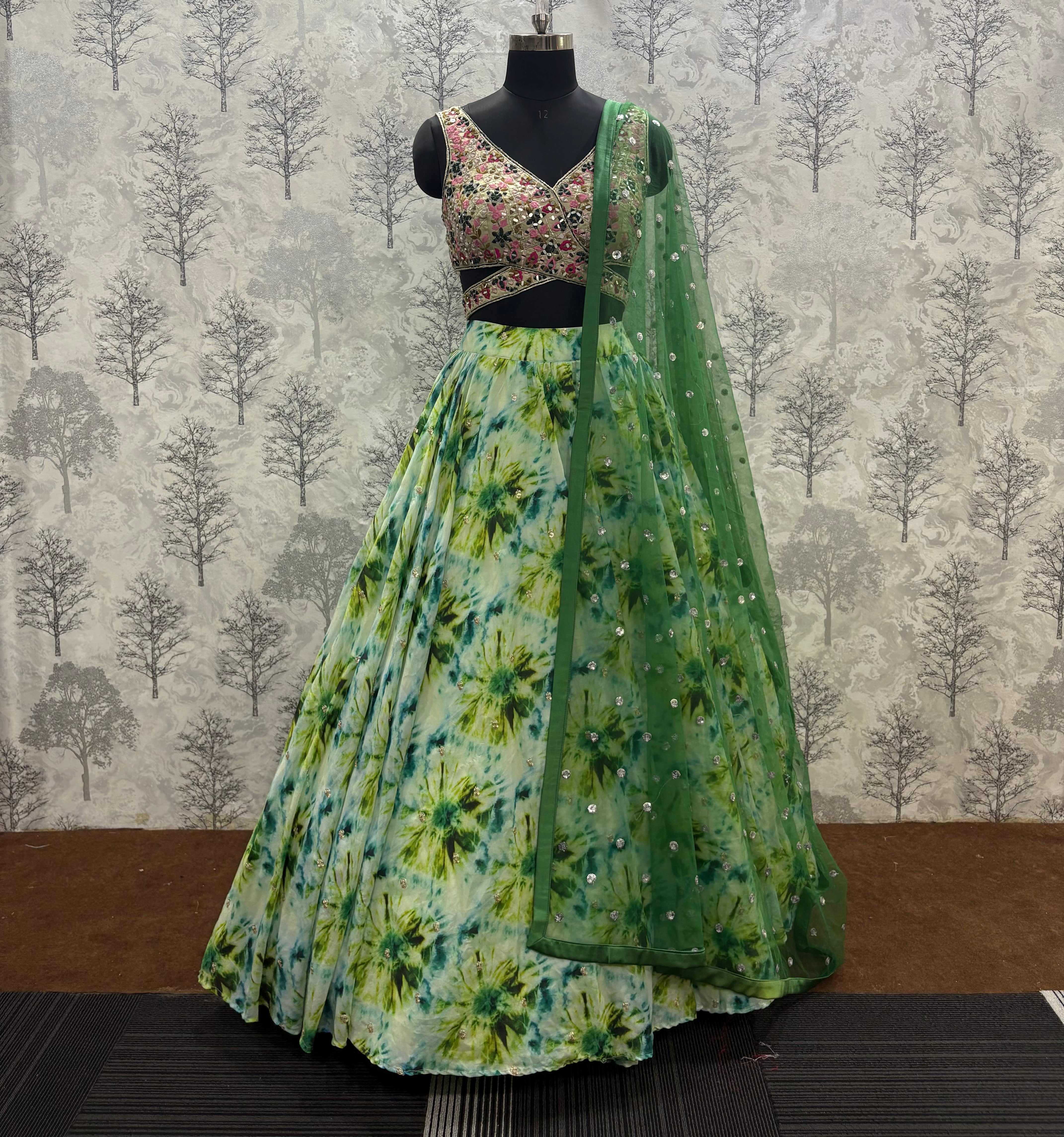 Multi-Dye Printed Chinnon Lehenga Set with Mirror Work Blouse &amp;amp; Butti Dupatta