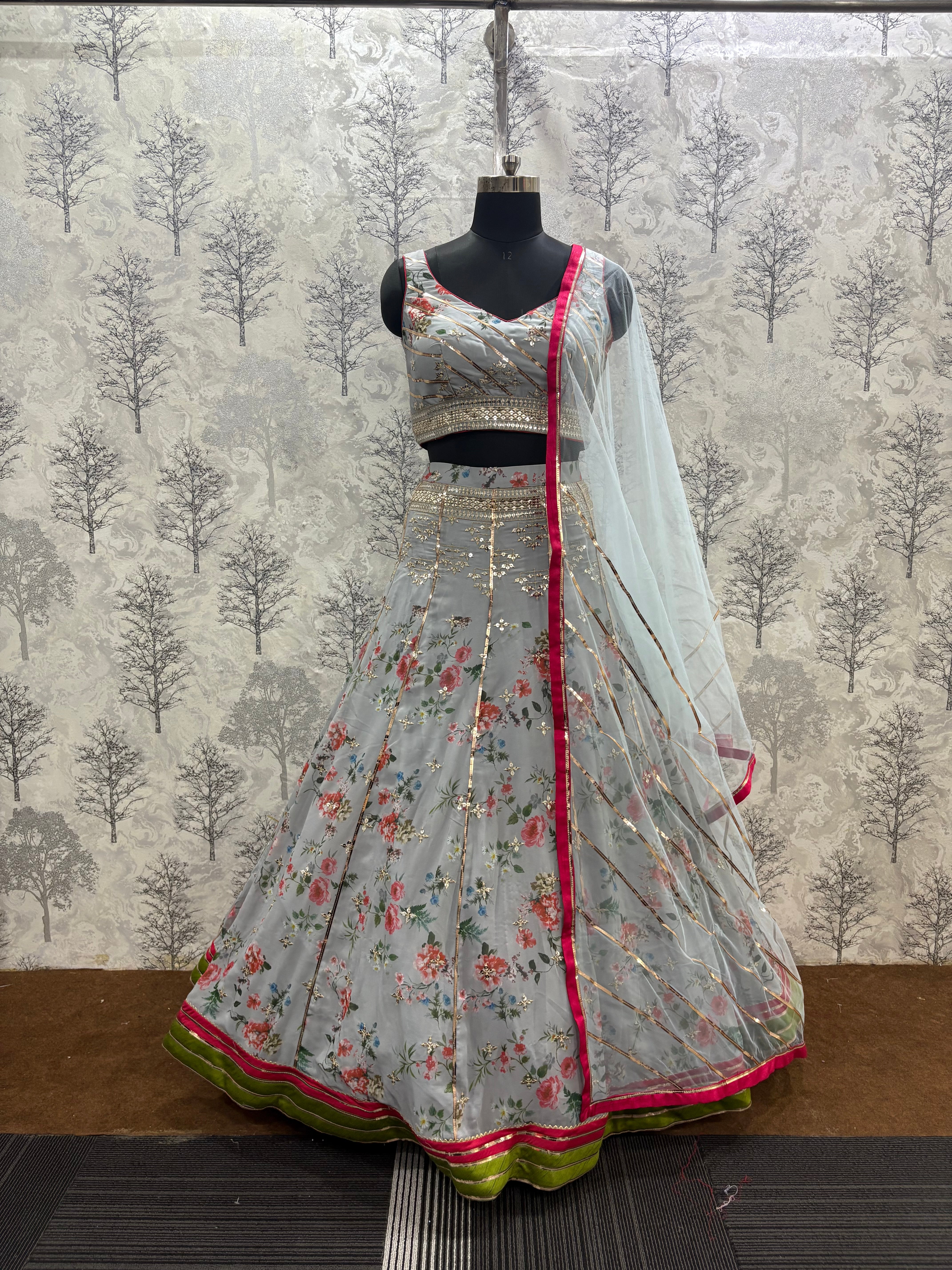 Lightweight Printed Chinnon Lehenga Set with Net Dupatta