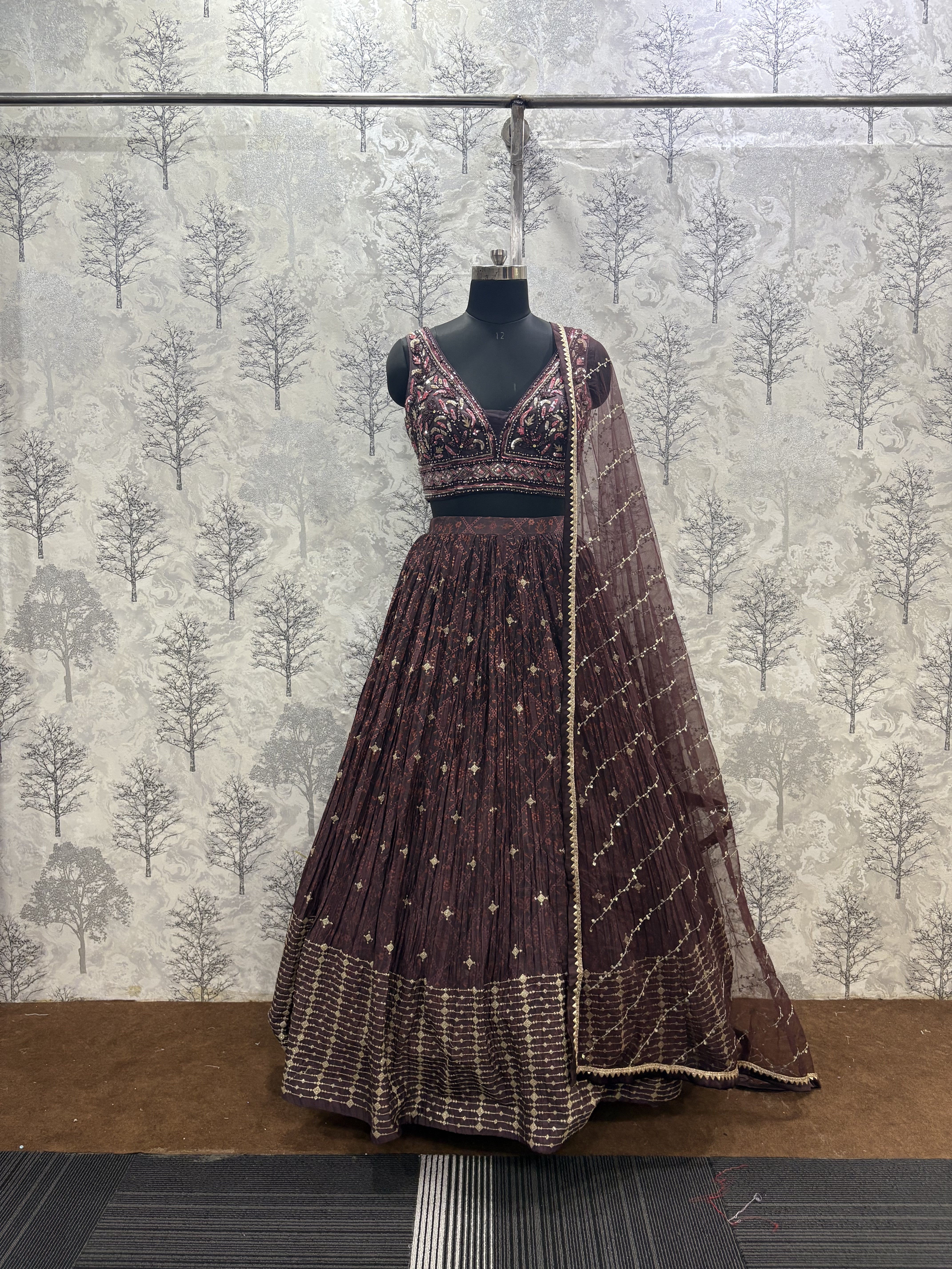 Crushed Chinnon Printed Lehenga Set with Designer Embroidered Blouse &amp;amp; Sequin Net Dupatta