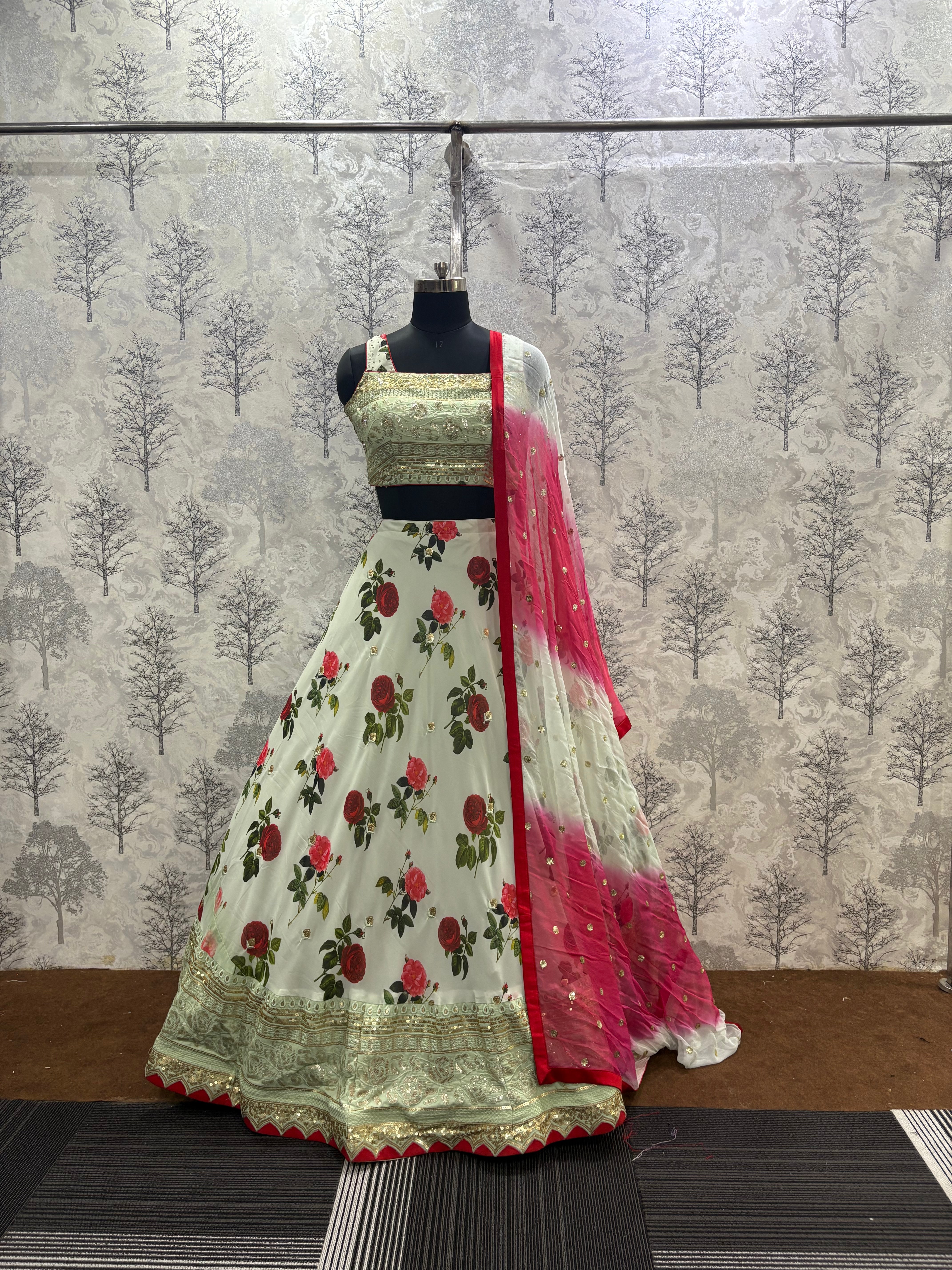 Printed Chinnon Lehenga Set with Heavy Border &amp;amp; Butti Work Dupatta
