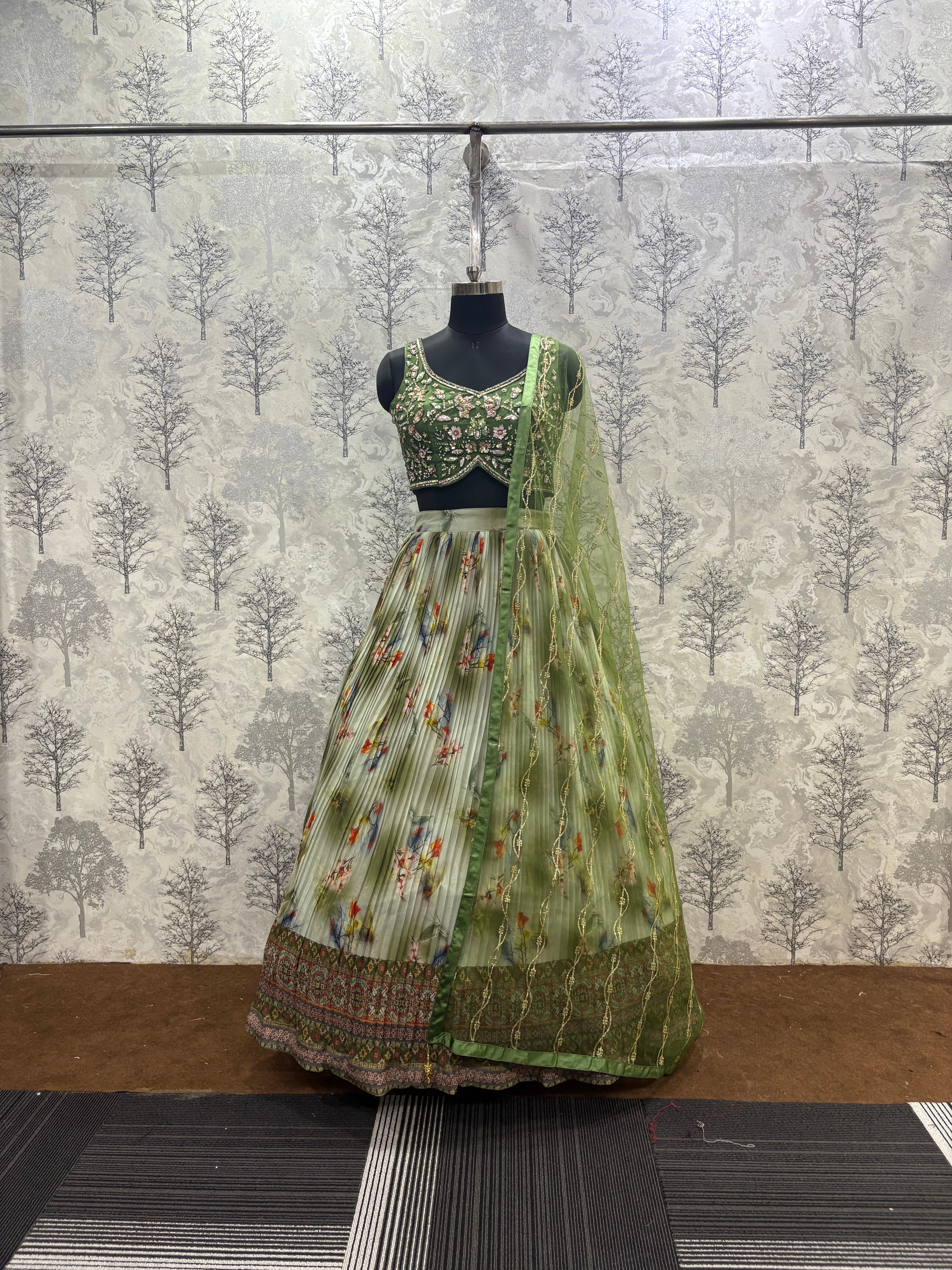 Crushed Chinnon Printed Lehenga Set with Hand Embroidered Blouse &amp;amp; Sequin Dupatta