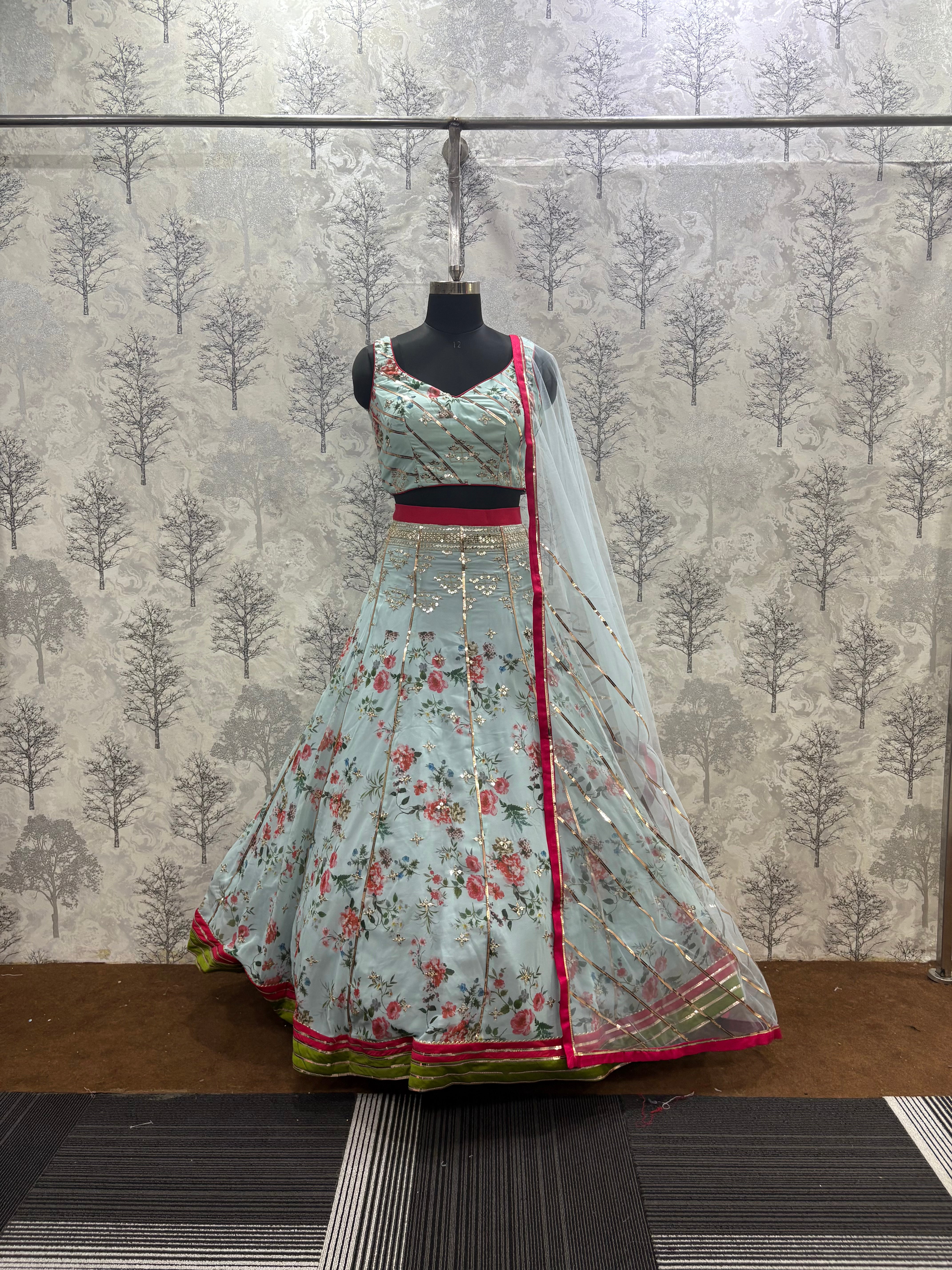 Printed Chinnon Lehenga Set with Matching Net Dupatta