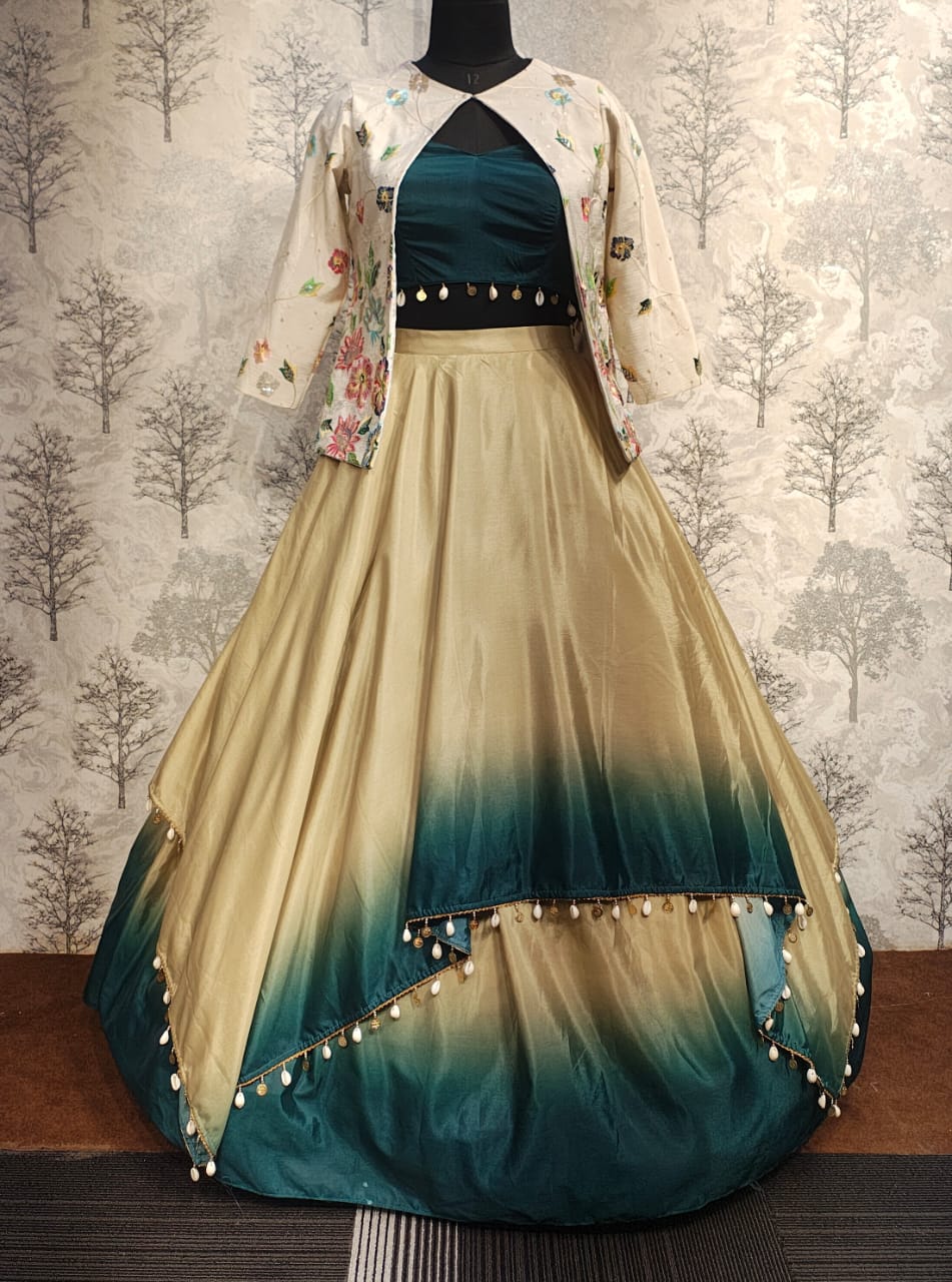 Ombre Elegant Indo-Western Dress – Olive Green &amp;amp; Teal