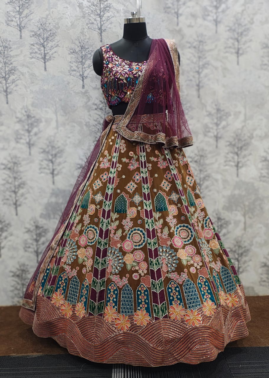 Brown and Elegant Multi-Toned Kali Lehenga Set with Hand-Embroidered Contrast Blouse &amp;amp; Zarkan Dupatta