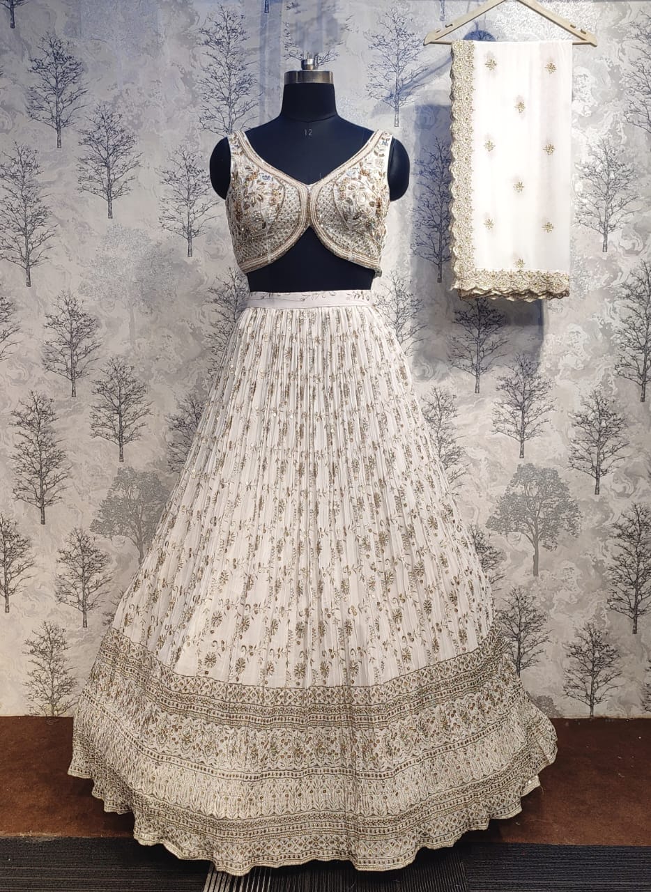 Off-White Pure Viscose Georgette Lehenga with Heavy Threadwork &amp;amp; Designer Blouse