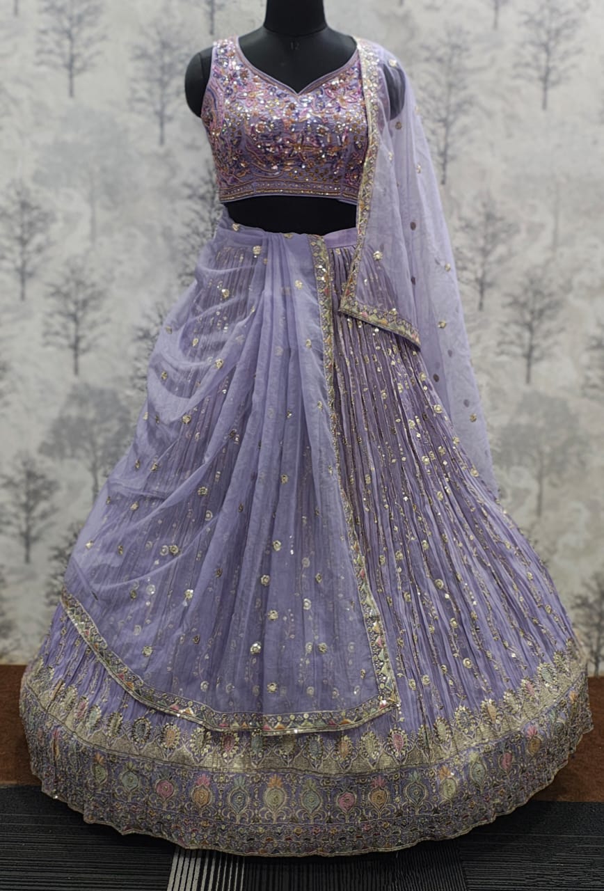 Lavender Crushed Pure Georgette Embroidered Lehenga Set with Hand-Embroidered Blouse &amp;amp; Organza Dupatta