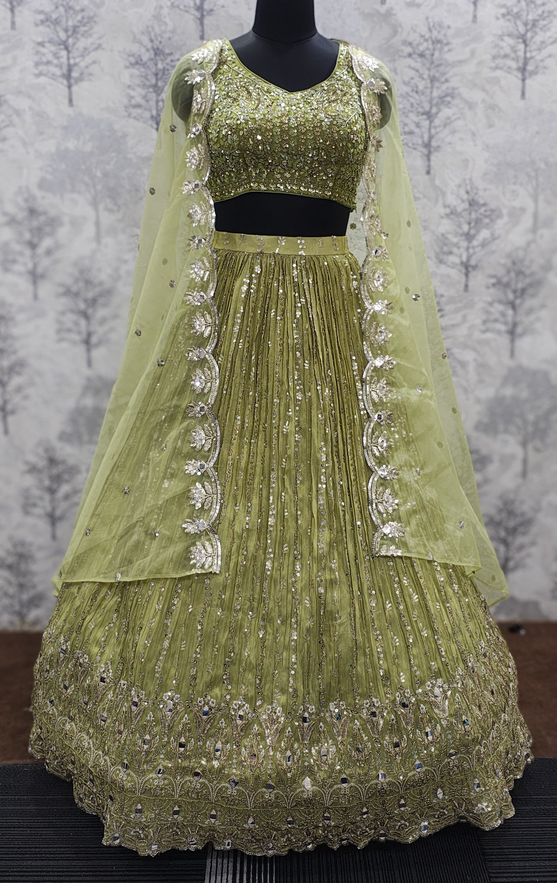 Light Dry Mehendi Crushed Georgette Lehenga Set with Handwork Blouse &amp;amp; Organza Dupatta