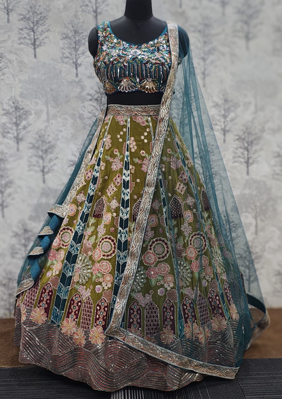 Mehndi cultured Elegant Multi-Toned Kali Lehenga Set with Hand-Embroidered Contrast Blouse &amp;amp; Zarkan Dupatta