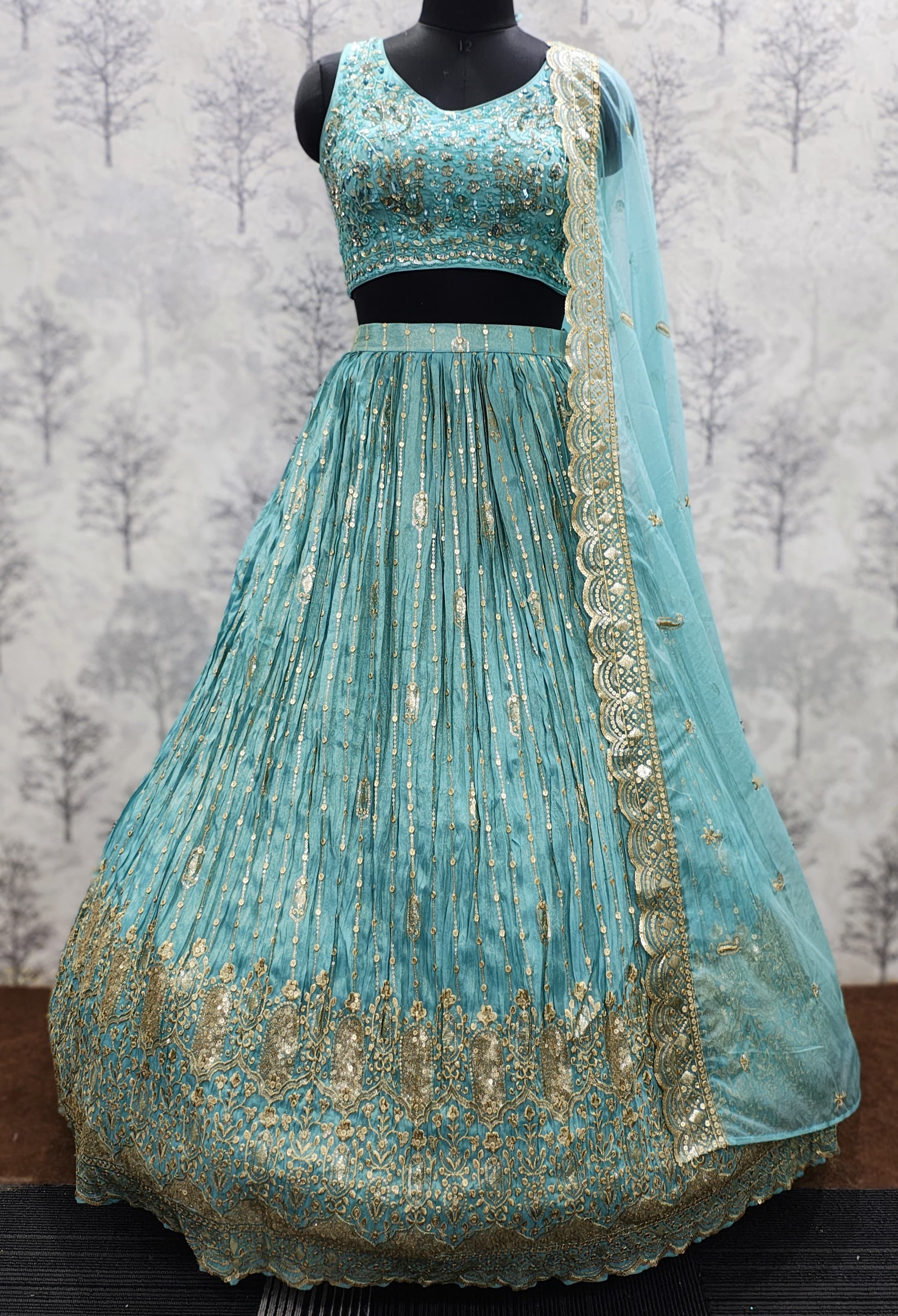 Ocean Blue Crushed Georgette Embroidered Lehenga Set with Handwork Blouse &amp;amp; Organza Dupatta
