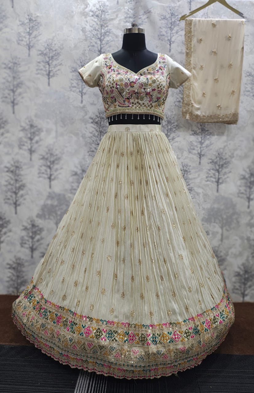 Off-White Multicolour Thread Embroidered Georgette Lehenga Set with Dupatta with different touch