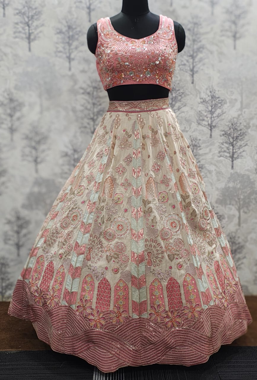 Peach Flavour_Elegant Multi-Toned Kali Lehenga Set with Hand-Embroidered Contrast Blouse &amp;amp; Zarkan Dupatta