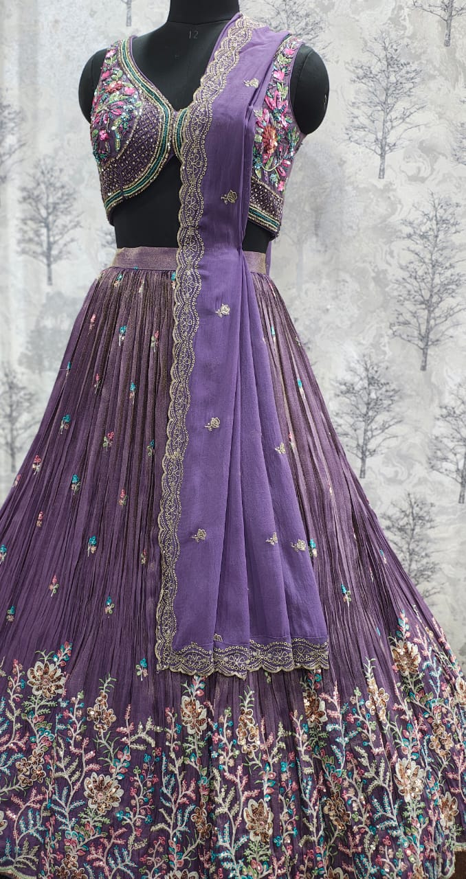 &amp;quot;Regal Purple Georgette Lehenga Set with Hand-Embroidered Threadwork &amp;amp; Golden Sequences&amp;quot;