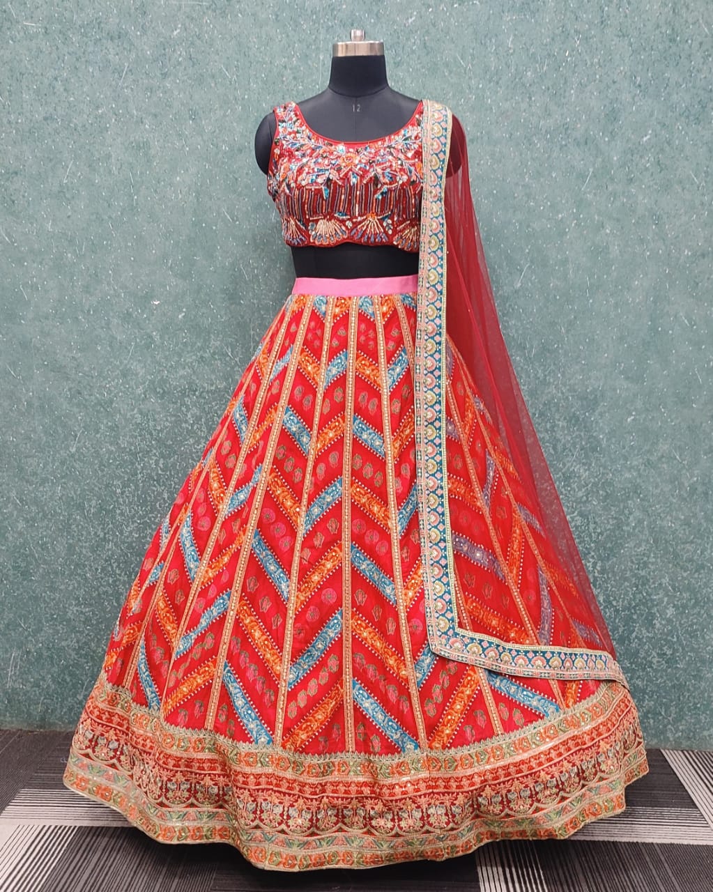 Red Elegance Kali Lehenga Set with Hand Embroidered Blouse &amp;amp; Net Dupatta